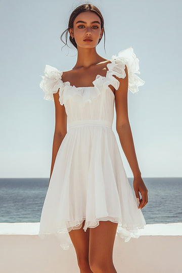 White Ruffle A Line Chiffon Graduation Dress
